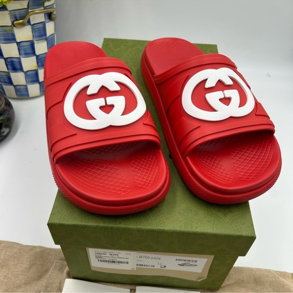 Men’s Gucci interlocking G rubber pool slides size 12 made in Italy - Picture 1 of 10